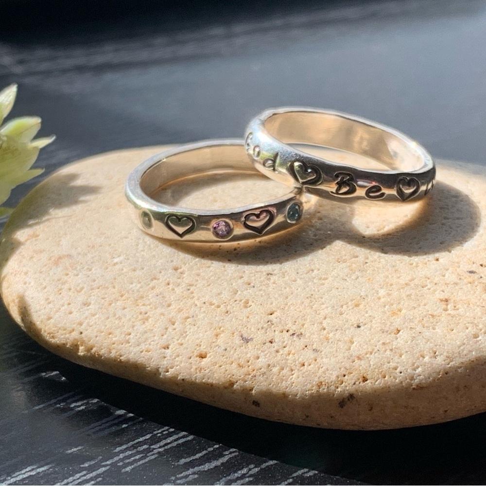Sterling Stacking Ring Set Handstamped Hearts Topaz Amethyst Peridot Ban…